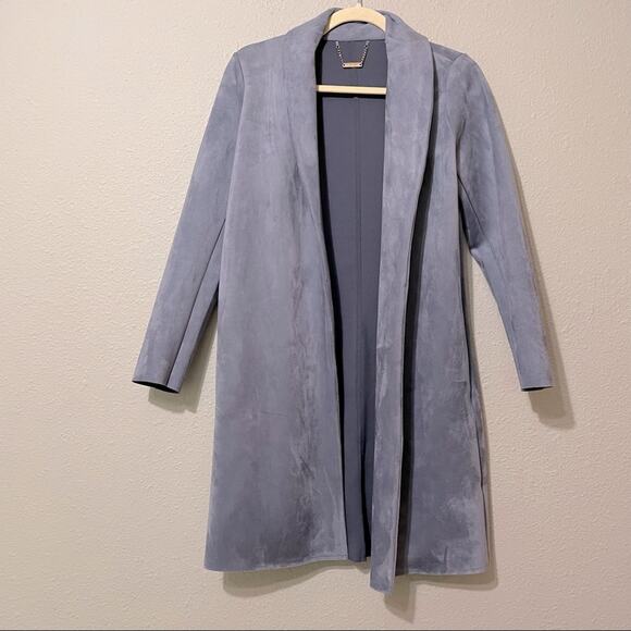T Tahari Blue Faux Suede Long Line Open Front Jacket Womens XSP Preppy Coat - Picture 1 of 10